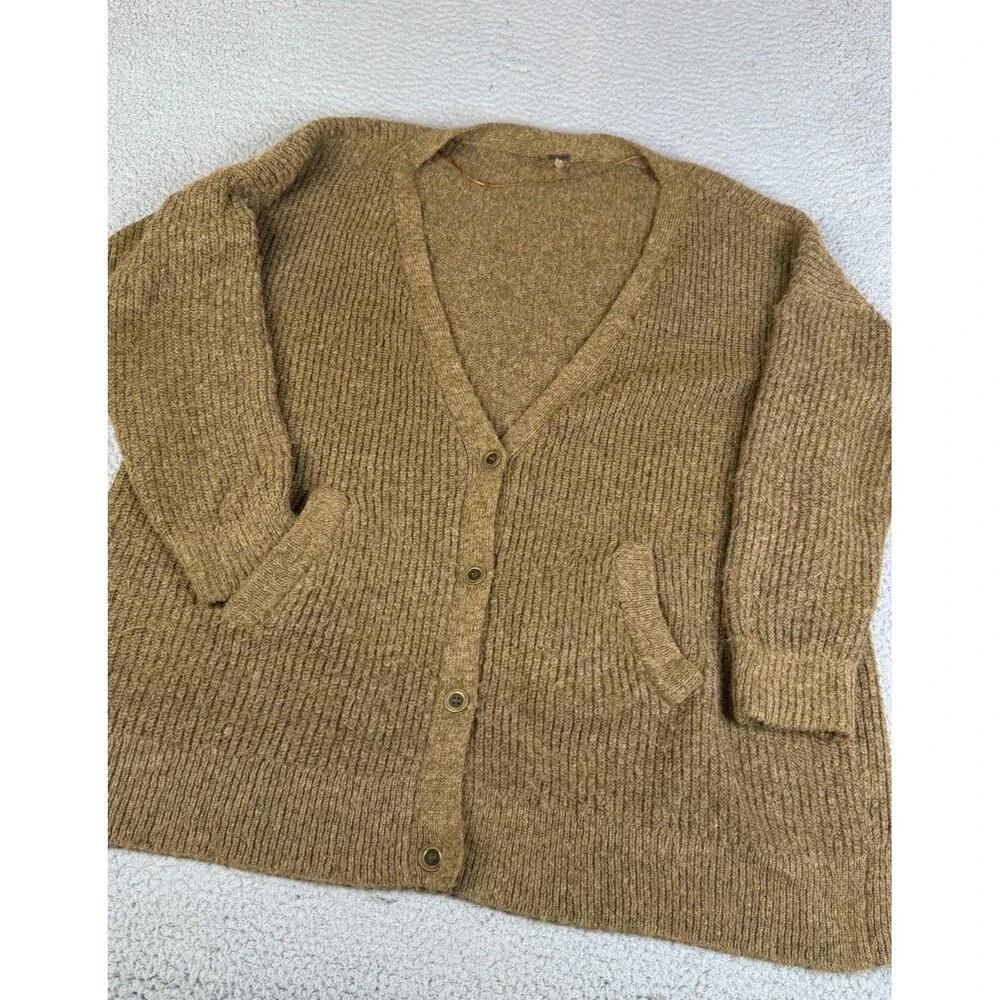FREE PEOPLE Cardigan Womens L Brown Button Front Chunky Knit Wool Alpaca Blend